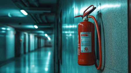 A close-up of a fire extinguisher mounted on the wall in a public buildingの素材