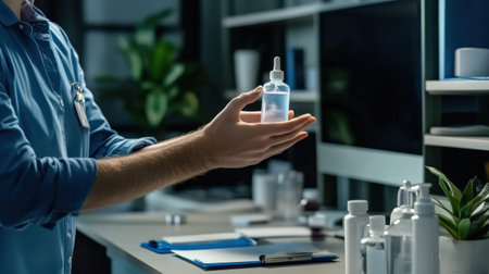 A person applying hand sanitizer in an office, representing hygiene and safetyの素材