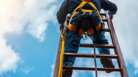 A person climbing a ladder while wearing a safety harness, emphasizing worksite precautionsの素材