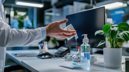 A person applying hand sanitizer in an office, representing hygiene and safetyの素材