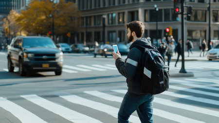 A pedestrian using a crosswalk while looking both ways for traffic, showcasing road safetyの素材