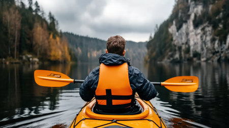 A person wearing a life jacket while kayaking on a lake, ensuring water safetyの素材
