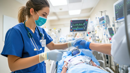 A nurse giving safety instructions to a patient before surgery in a hospitalの素材