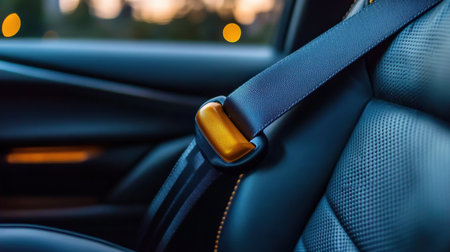 A close-up of a seatbelt being fastened in a car, symbolizing road safetyの素材