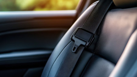 A close-up of a seatbelt being fastened in a car, symbolizing road safetyの素材