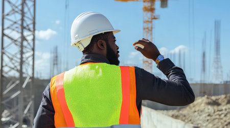 A construction worker wearing a hard hat and safety vest while inspecting a worksiteの素材