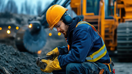 A worker carefully operating heavy machinery while wearing safety gear on-siteの素材