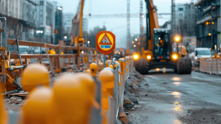 A construction site with caution signs and barriers, highlighting the importance of safetyの素材