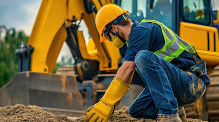 A worker carefully operating heavy machinery while wearing safety gear on-siteの素材