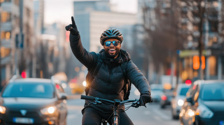 A cyclist using hand signals to indicate turns, promoting road safety for everyoneの素材