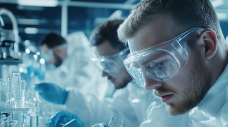 A group of workers wearing safety goggles and gloves in a chemical lab, ensuring protectionの素材