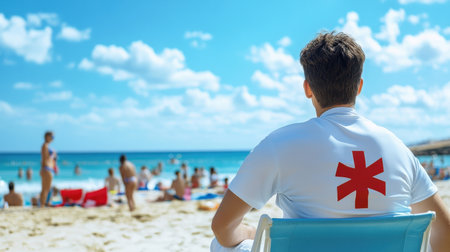 A lifeguard watching over swimmers at a beach, ensuring water safety for everyoneの素材