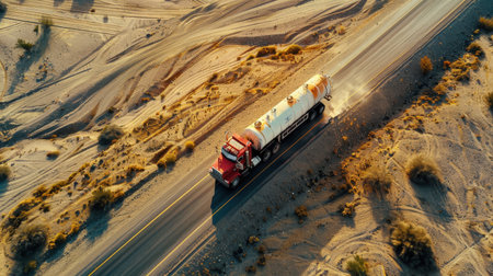 Semi truck with cargo trailer driving through the middle of the desertの素材