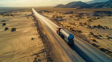 Semi truck on the road in the middle of the desertの素材