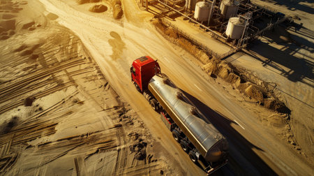 The red truck is driving on the road in the middle of the desert with sand.の素材