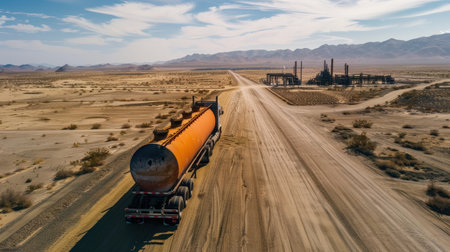 The middle of nowhere. A lonely train travels through a vast desert landscape.の素材