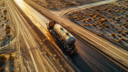 The image shows a tanker truck driving on a desert road.の素材