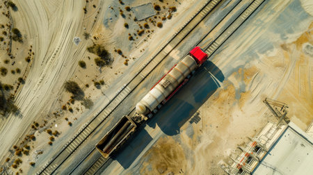 Top view of the train on the railroad tracks in the middle of the desertの素材