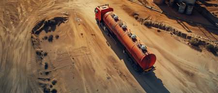 The image shows a large red fuel tanker truck driving through a desert landscape.の素材
