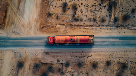 The image shows a tanker truck driving through a desert landscape.の素材