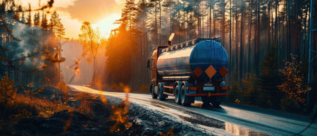 A semi truck drives down a rural road at sunset.の素材