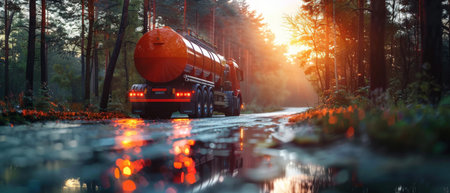 The large truck is driving through the wet forest with the sun shining through the trees.の素材