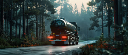 A large truck is hauling a long cylindrical cargo through a dark forest.の素材