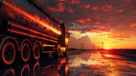 A semi truck drives down a wet road at sunset.の素材