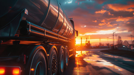 Big rig semi truck with illuminated headlights on the road at nightの素材