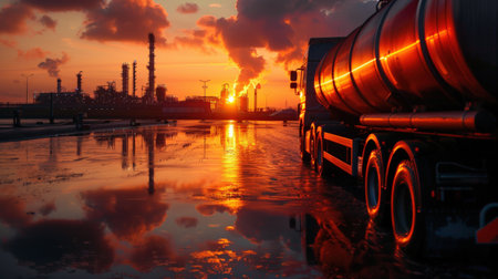 A semi truck drives on a road next to an oil refinery at sunset.の素材