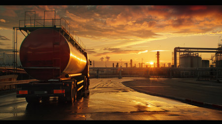 The orange oil tanker truck is on the road at sunset.の素材