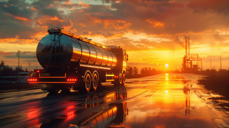 A large tanker truck drives on a wet road at sunset.の素材