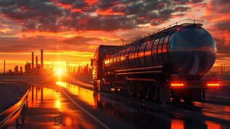 The big truck goes on the road in the sunsetの素材