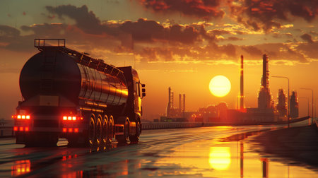 A large truck drives through an industrial area at sunset.の素材