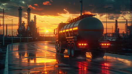 A large truck drives through an industrial area at sunset.の素材