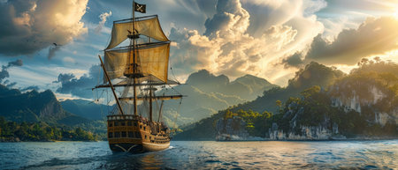 Pirate ship in the sea at sunset. Panoramic view of a sailing ship.の素材