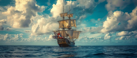 Sailing ship in the sea. Panoramic view of the old sailing ship.の素材