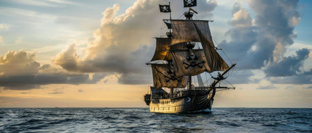 Sailing ship in the sea at sunset. Panoramic view.の素材