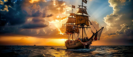 Sailing ship in the sea at sunset. Panoramic imageの素材