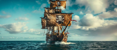 Pirate ship in the sea. Panoramic view of a pirate ship in the sea.の素材