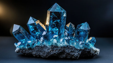 Bright blue crystals with intricate design on dark, illuminated by intense lightの素材