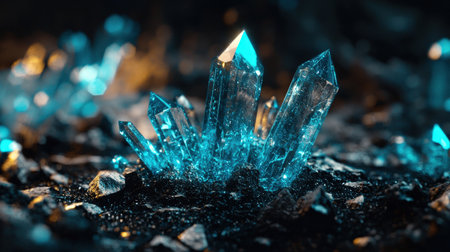 Blue crystal structures glowing vibrantly on dark, intricate patterns for a futuristic touchの素材