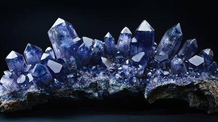 Blue crystals on dark, glowing intensely, detailed and vibrant crystalline formationsの素材