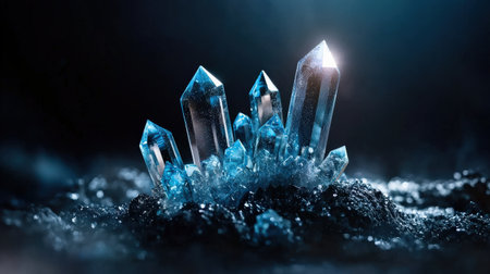 Glowing blue crystalline formations, bright light against dark background, ethereal designの素材