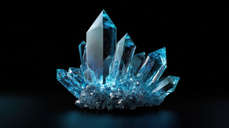 Intricate blue crystals glowing on black background, vibrant and ethereal structureの素材