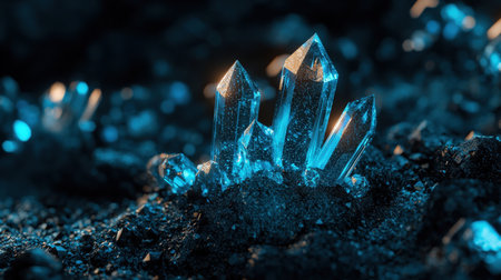 Blue crystal structures glowing vibrantly on dark, intricate patterns for a futuristic touchの素材
