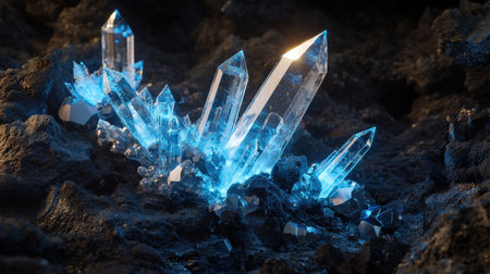 Blue crystals on dark, glowing intensely, detailed and vibrant crystalline formationsの素材