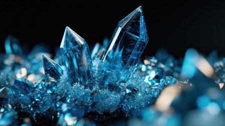 Intricate blue crystals glowing on black background, vibrant and ethereal structureの素材