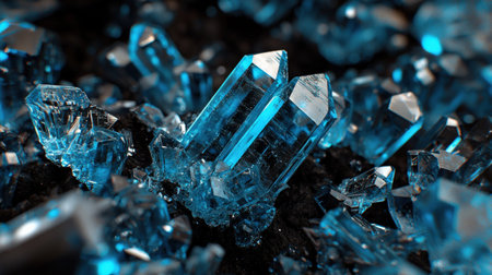 Radiant blue crystal structures glowing on black background, intricate and etherealの素材