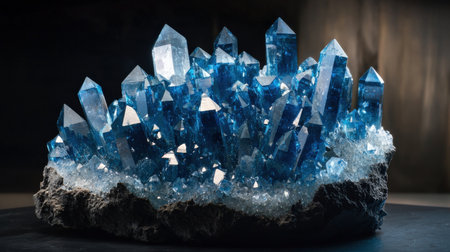 Blue crystals on dark, glowing intensely, detailed and vibrant crystalline formationsの素材